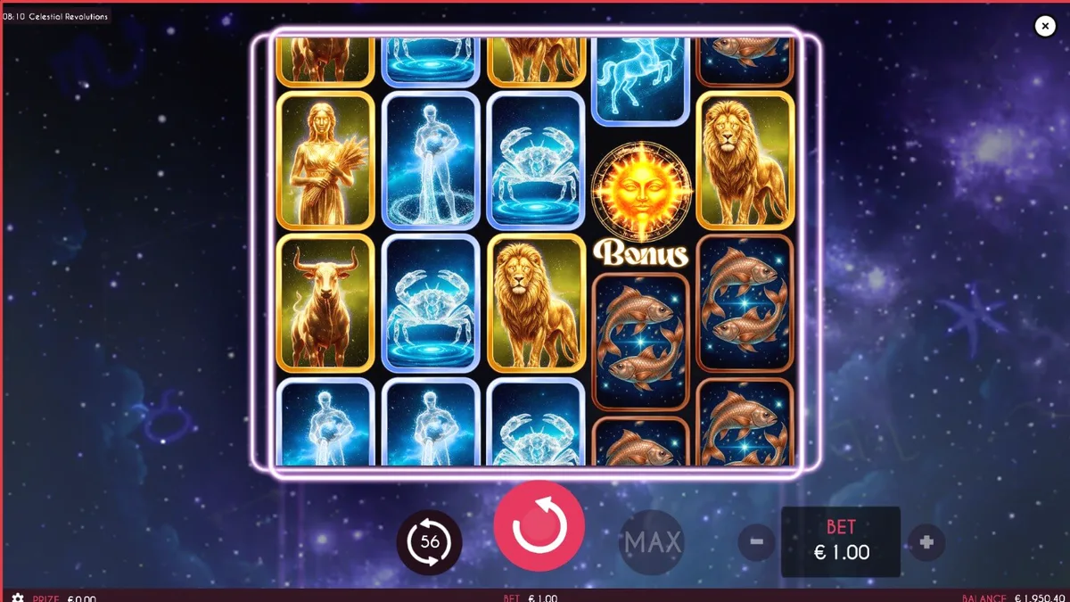 Tampilan visual slot Celestial Revolutions dengan tema zodiak dan kosmik