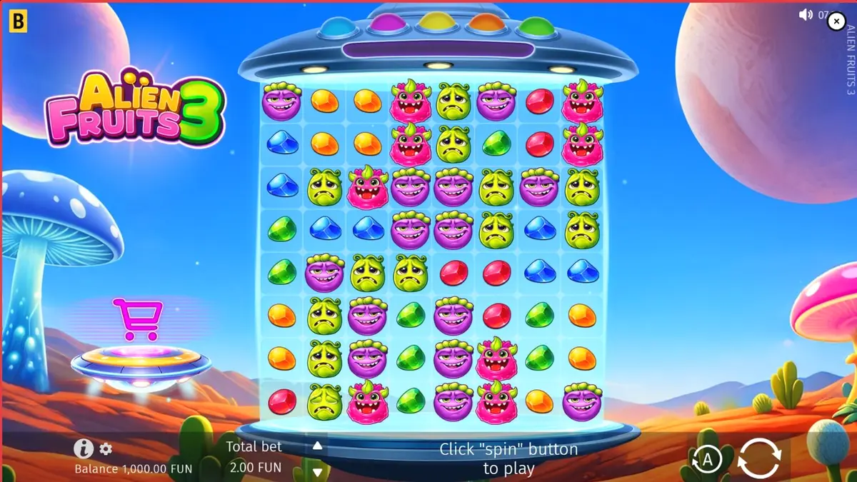 Tampilan visual grid 8x8 pada slot Alien Fruits 3 dengan tema neon luar angkasa