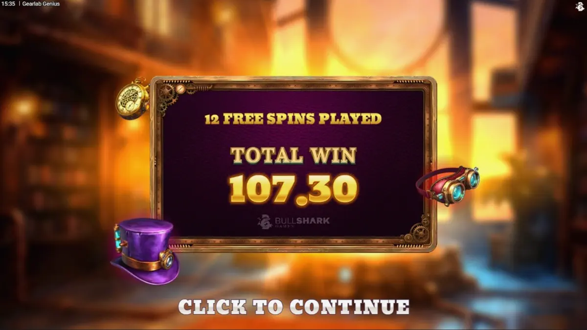 Tampilan visual slot Gearlab Genius dengan tema steampunk dan roda gigi emas yang berputar